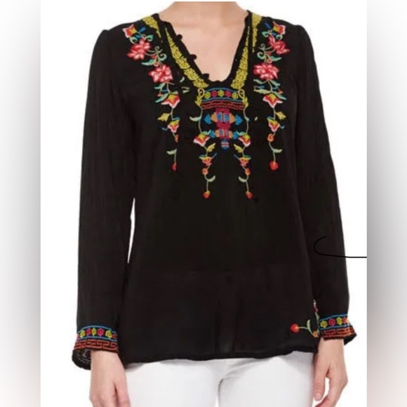 Johnny Was Black Floral Embroidered Blouse Suko V-neck Size 1X / XXL - Picture 2 of 11